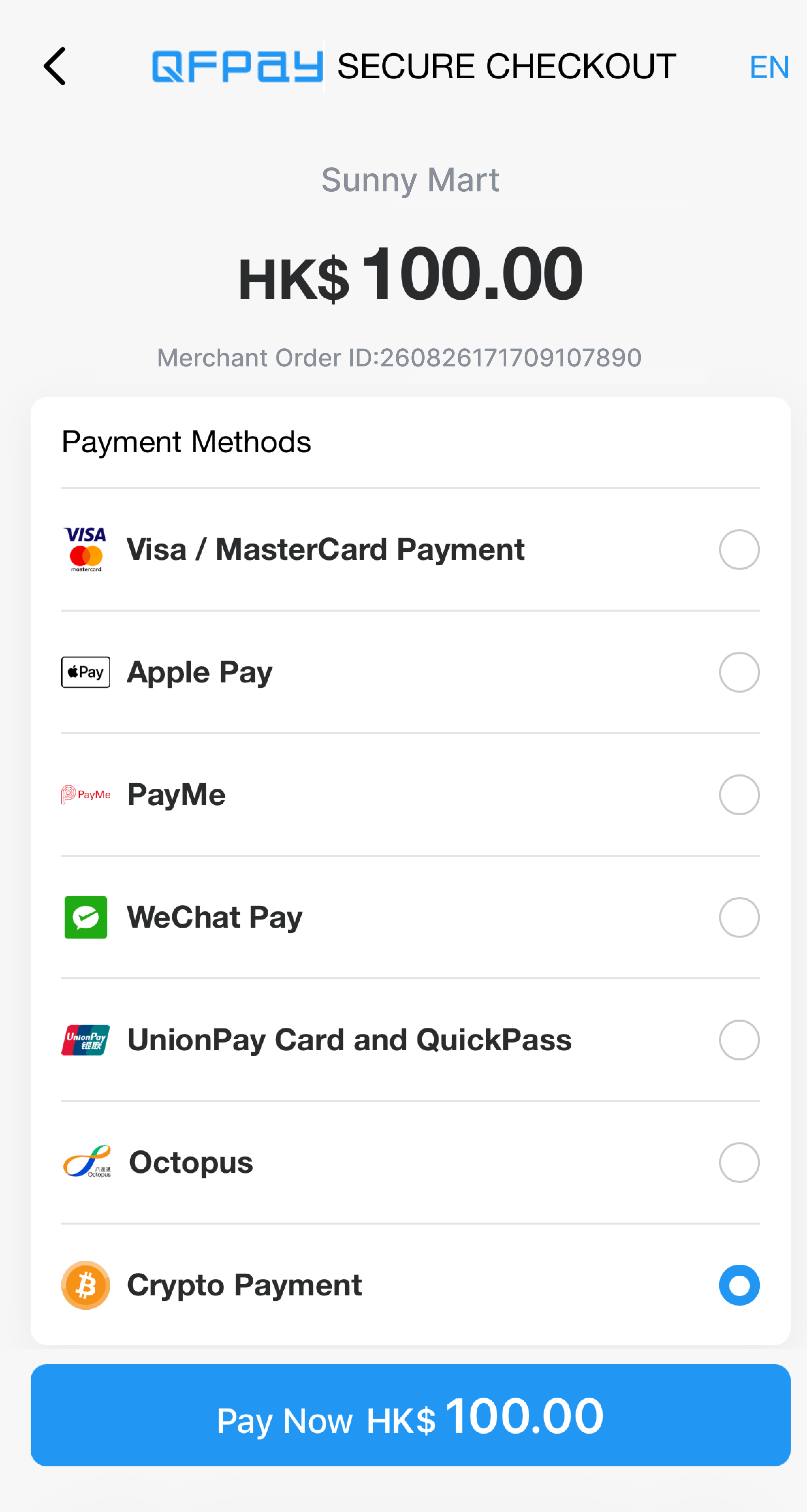 QFPay Secure Checkout showing Crypto Payment among available payment methods